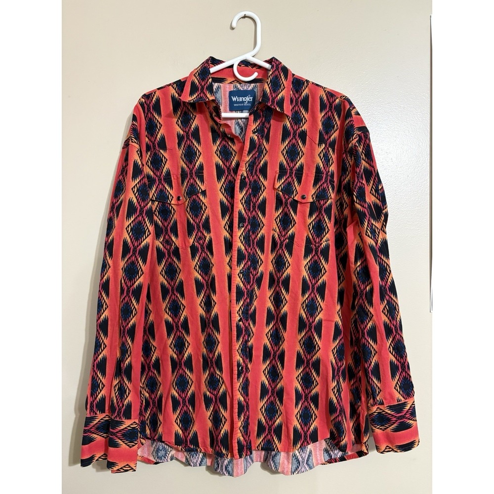 Wrangler Mens Western Shirt Sz X Large Aztec Pearl Snap Long Sleeve Orange Rodeo